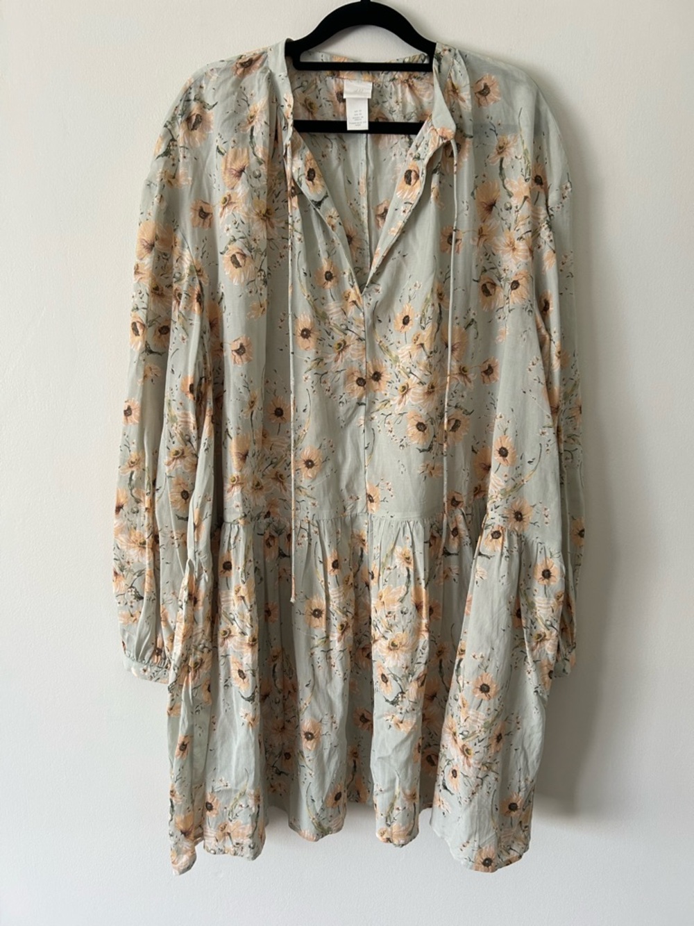 H&M Pale Blue Floral Long Sleeve Tiered Oversized Dress